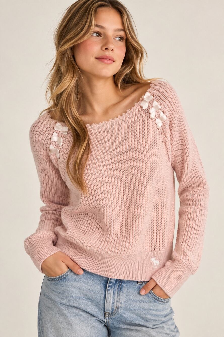 Abercrombie Pink Ribbon Lace-Up Sweater XS 13/14 Coquette Y2K Moose Logo Ballet